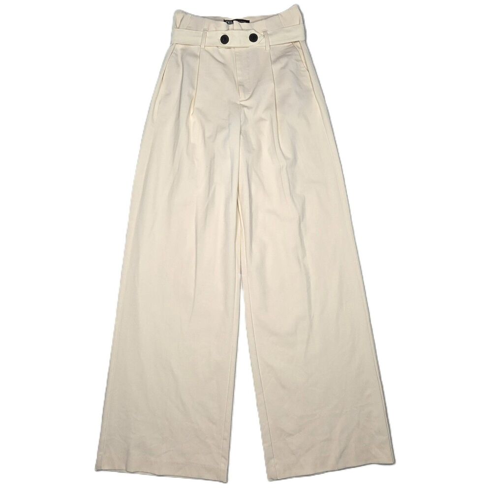 Zara Wide Leg High Waisted Trousers Womens Size XS Cream Belted Pleated Tailored
